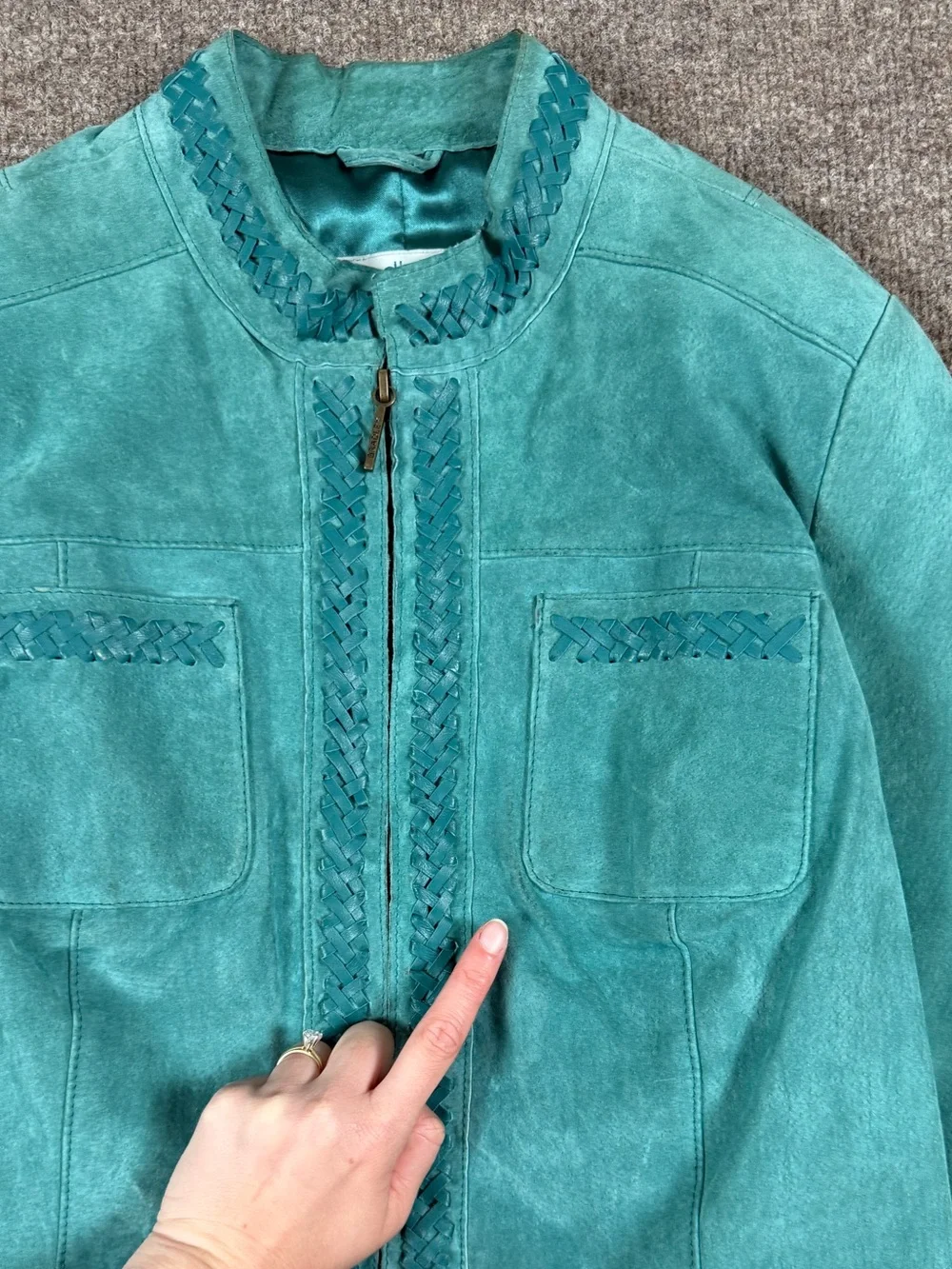 Y2K Bradley Teal Blue Suede Leather Jacket Women’s M Mandarin Collar Woven Trim - Picture 8 of 16